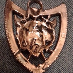 Silver Tone Shield Pin with Raised Animal Head Design, No Stone