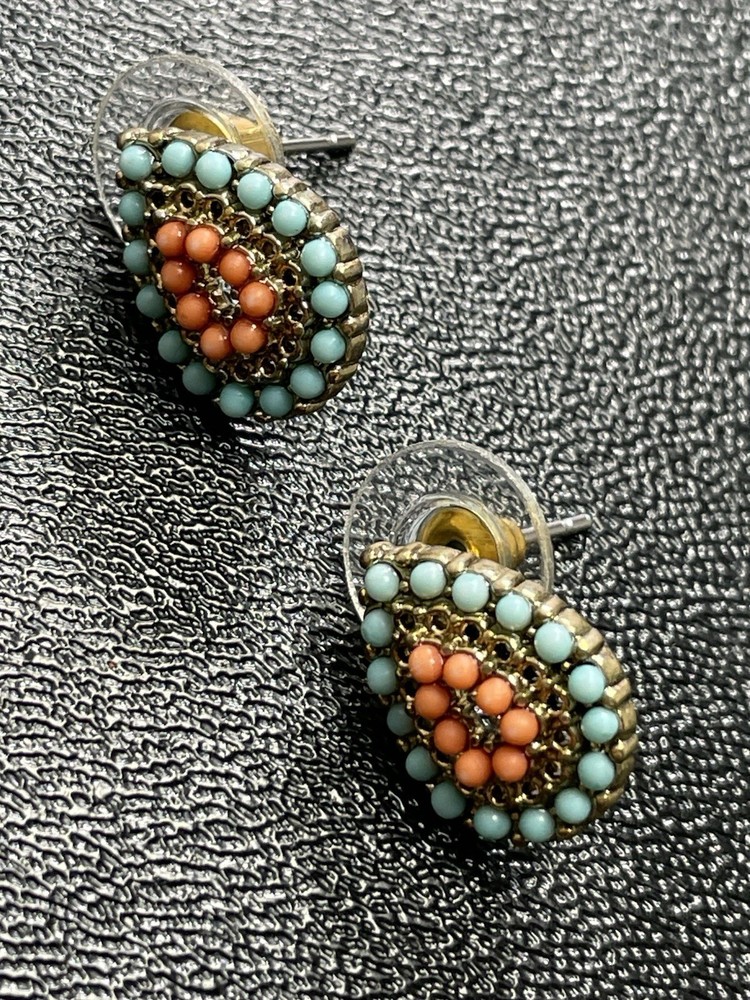 Vintage Small Blue & Orange Lucite Gold Tone Metal Earrings
