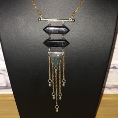 Vintage 60s Geometric Pendant Necklace Gold Tone Metal Black Acrylic