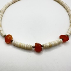Vintage PUKA Shell Necklace with Carnelian Barrel Clasp 15 in Choker Beachy