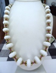 VINTAGE VENDOME LARGE MILK GLASS PINK GREEN CRYSTAL BEADS FILIGREE NECKLACE