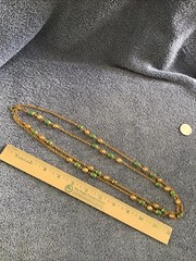 Vtg Jade Green Bead Necklace Gold Tone Faux Pearl Long Metal Filigree Bead Caps