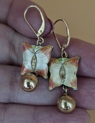Vintage 14K Gold Enamel Butterfly Earrings Leverback Dangle Art Nouveau Style