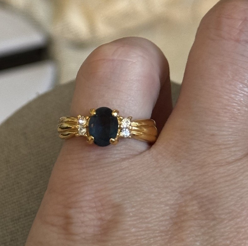 Vintage Gold Plated Dark Blue Faux Sapphire & CZ Ring Size 7