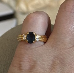Vintage Gold Plated Dark Blue Faux Sapphire & CZ Ring Size 7