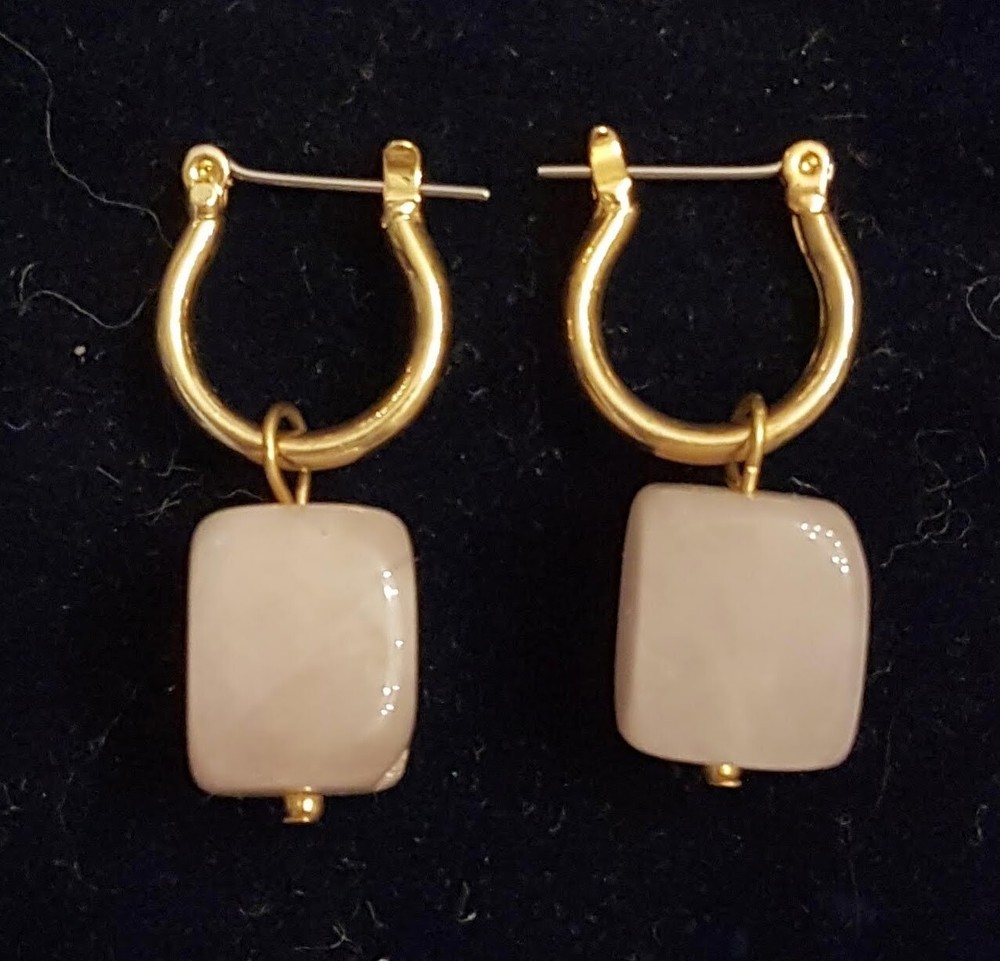 Gold Snap Top Hoops .5″ Pierced EARRINGS with Removable Pink Quartz Cube dangles