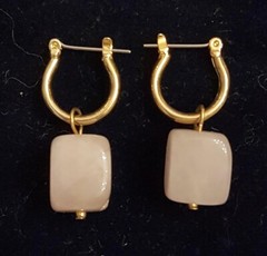Gold Snap Top Hoops .5″ Pierced EARRINGS with Removable Pink Quartz Cube dangles