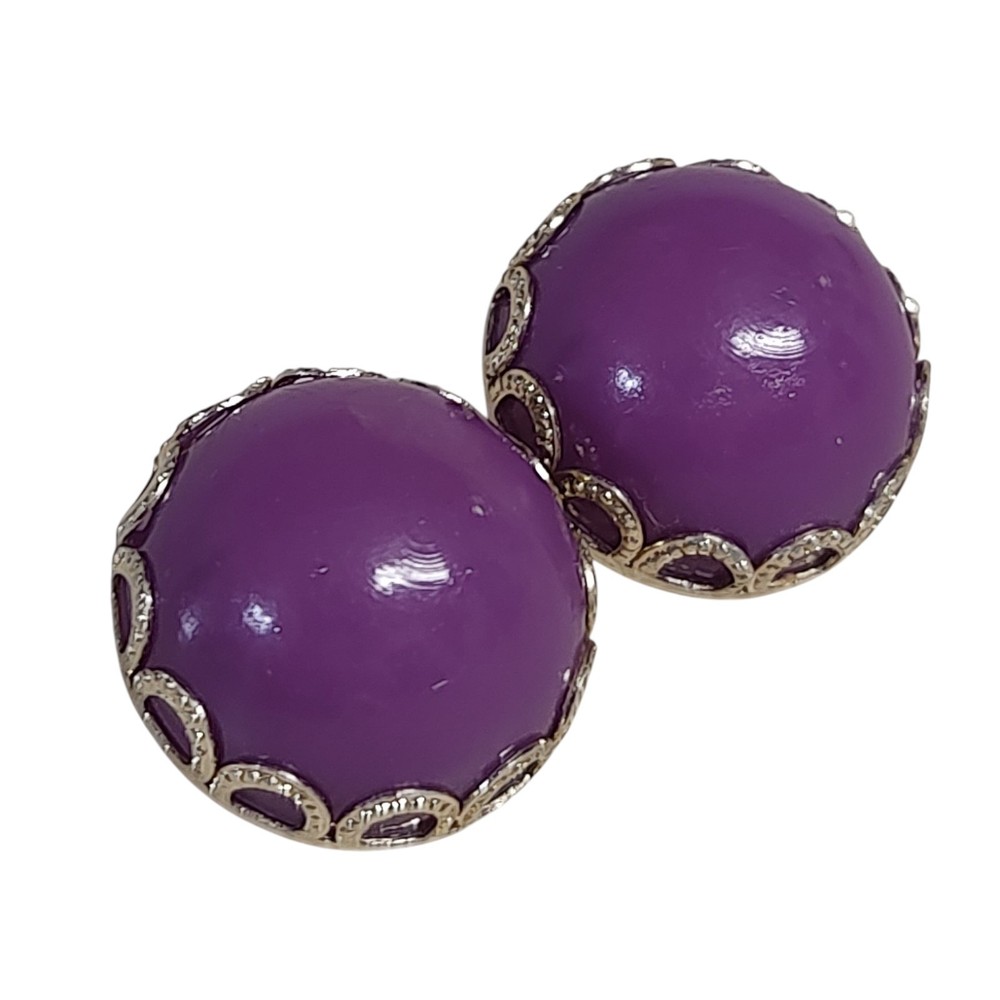 VTG Retro Vibrant Purple Cabochon & Brass Clip-on Statement Earrings Hong Kong