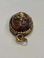 Vintage Dragon’s Breath Glass Pendant, Faux Fire Opal Gold Tone Oval Charm