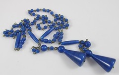 Antique Czechoslovakia Art Glass Royal Blue Glass Beads & Brass Lariat Necklace
