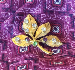 VTG Anson Rhinestone Leaf Brooch Pin Gold Tone Signed Multi Color Garden Nature