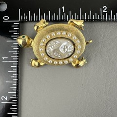 Vintage JJ Jonette Turtle Brooch Gold Tone Faux Pearl Cameo Figural Pin