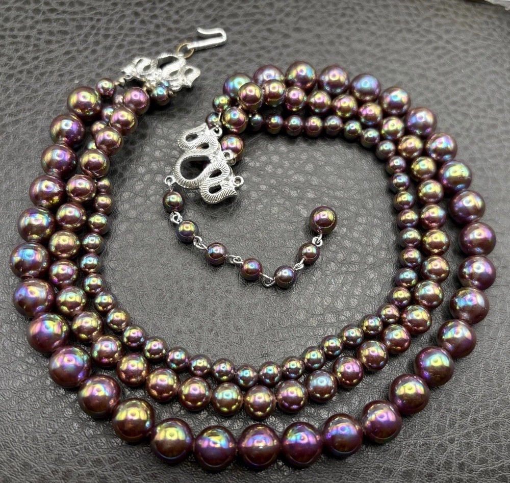 Vintage Rainbow Oil Slick Bead 3 Multi Strand Statement Layered Necklace