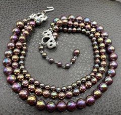 Vintage Rainbow Oil Slick Bead 3 Multi Strand Statement Layered Necklace