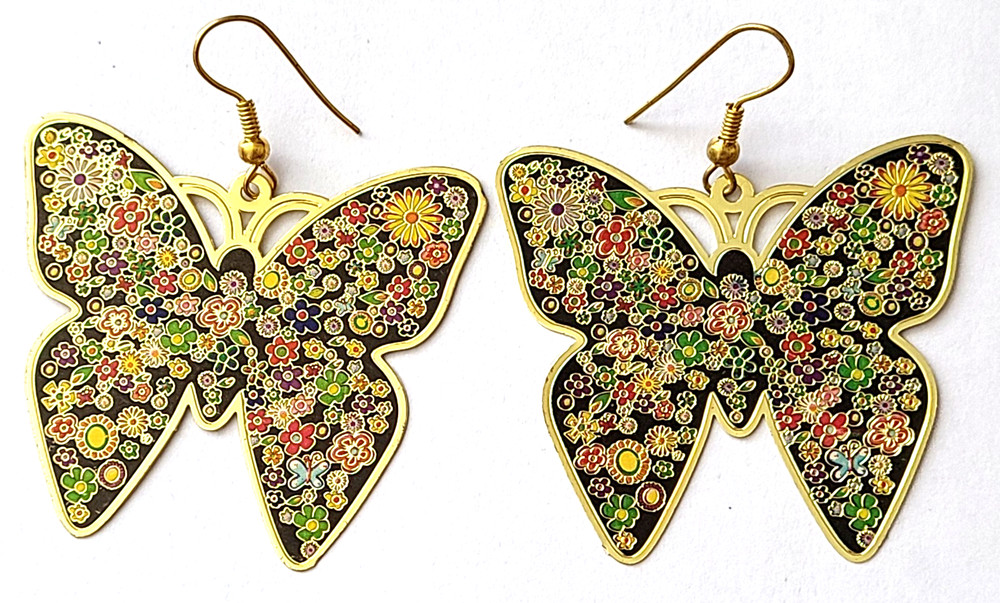 VINTAGE STUNNING GOLD TONE MULTI COLOR ENAMEL BUTTERFLY PIERCED DANGLE EARRINGS