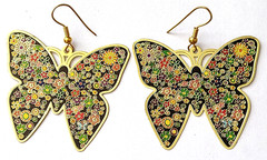 VINTAGE STUNNING GOLD TONE MULTI COLOR ENAMEL BUTTERFLY PIERCED DANGLE EARRINGS