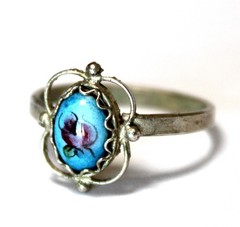 Vintage Unique Russian Enamel Painted Finift Jewelry Filigree Floral Ring #29