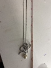 Carolee Signed Silver Tone Pavé Rhinestone Bow Pendant Pearl Drop Necklace 18in