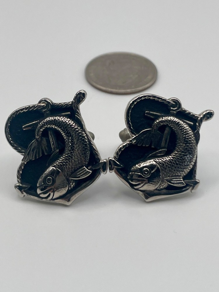 Vintage Hickok Silver Tone Koi Carp Fish Cufflinks 3D Sculptural