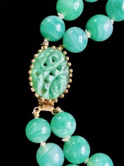 Vtg JOMAZ Jadeite Glass Choker Double Strand Necklace Carved Glass Clasp 15.5”