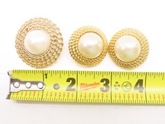 Jewelry Set Cabochon Faux Pearl Brooch Pin Earrings Gold Tone Cable VTG D2200