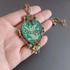 Vintage European Heart Enamel Necklace Unique Dove Inlay Retro Pendant Jewelry