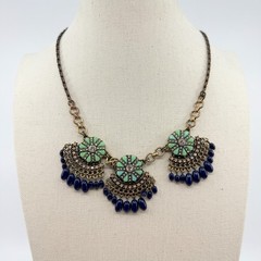 Vintage Antique Gold Tone Bib Necklace Floral Green Resin Navy Blue Bead Fringe