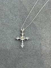 14KW Gold Small Cross, W/Round & tapered Baguette Mine Diamonds 18″ Rope Chain