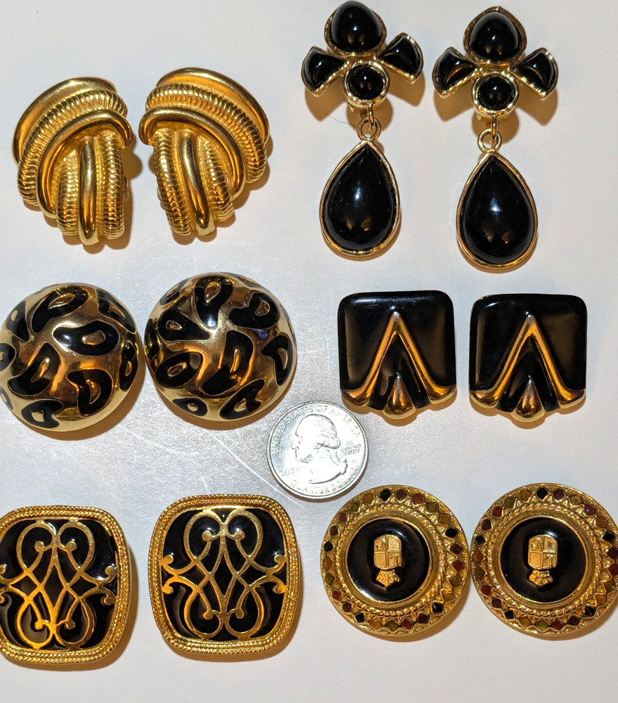 lot 80’s chunky gold tone runway earrings /3 signed Les Bernard,Claiborne, Monet