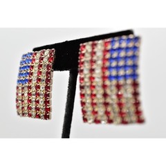 Vintage American Flag Clip On Earrings USA Rhinestone Crystal July 1980s BinAZ