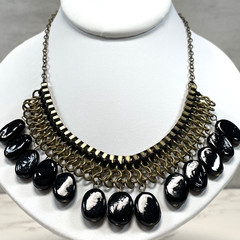 Antique Brass Link Mesh Bib Necklace Chunky Black Dangle Bead Statement Collar