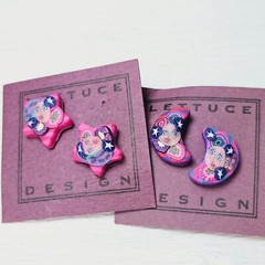 90s Earrings Polymer Clay Moon Star Bright Pink Blue Orig $32 Wear Repurpose
