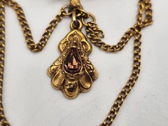 Vintage Florenza Signed Brooch Amber Topaz Rhinestone Gold Tone Chains 3.25″ Lg