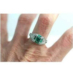 1930’s Antique Art Deco style Green Emerald With Old Mine Cut CZ Women 925 Ring