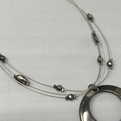 Designer Multi Strand Pendant Necklace Memory Wire Large Round Pendant NY 16″