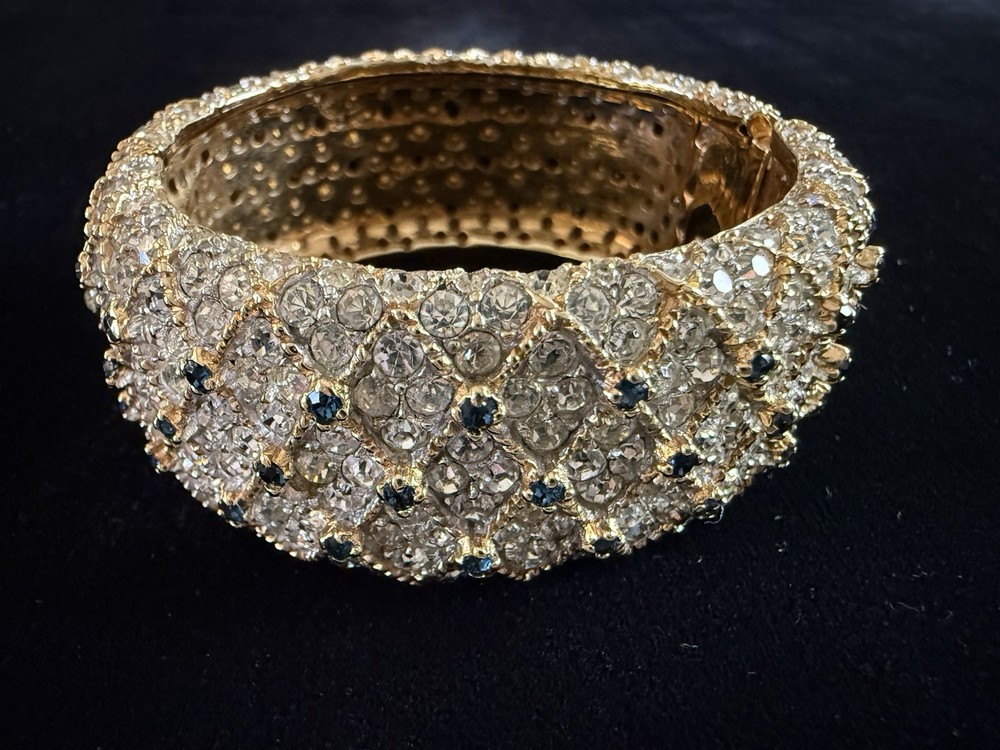 JOSEPH MAZER (JOMAZ) Couture Rhinestone & Sapphire Crystal Hinged Cuff Bracelet