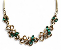Vintage Mid Century 1960’s Signed Barclay Green Glass Gold Tone Bib Necklace