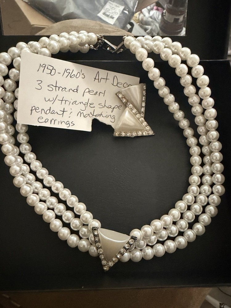 1950 – 1960 3 Strand Pearl with Triangle Shape Pendant and Matching Earrings Set
