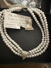 1950 – 1960 3 Strand Pearl with Triangle Shape Pendant and Matching Earrings Set