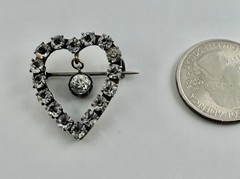 Antique Victorian Clear Paste Stones Heart Silver Brooch & Paste Dangle Center