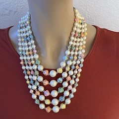 Hong Kong 5 Strand Necklace & Earrings Pastel Yellow Green Peach Blue Pink White