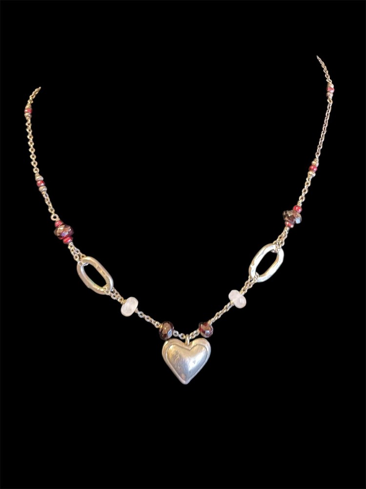 Vintage J&I Sterling Silver Puffy Heart W Amethyst And Milky Quartz Necklace