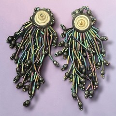 Statement Fringe Earrings Bugle Bead Oil Slick Pierced Vintage 1980s Runway