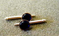 Antique Edwardian PAIR Cufflink Stud Button gold tone royal blue “Swank”mark