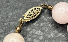 Vintage 80s Rose Quartz Hand Bead Necklace Gold Tone Teardrop Clip Earrings Set