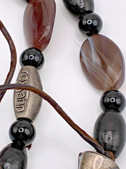 roxsann Red Coral Red Jasper Chalcedony Stone Black Beaded Necklace Vtg