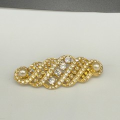 Vintage Brooch Clear Rhinestones Faux Pearls Gold Tone Swirls 2.5 Inches