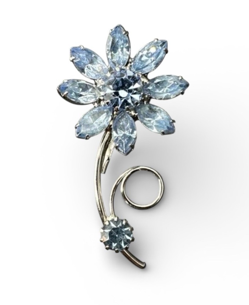 Vintage Blue Rhinestone Flower Brooch J42