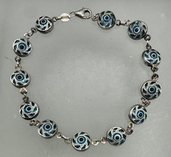 ESTATE STERLING SILVER SWIRL EVIL BLUE EYE BEAD GOOD LUCK LINK BRACELET