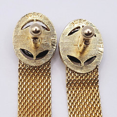 Swank Brown Lucite Tigers Eye Cabochon Center Gold Mesh Wrap Fancy Cufflinks
